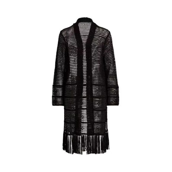 New RALPH LAUREN Women's Open Knit Linen Blend Cardigan  $245 Fringe Black Mediu - Picture 5 of 6